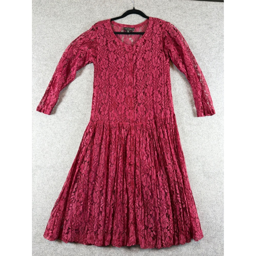 VTG Nostalgia Ruby Floral Lace Button Front Pleated Lined Midi Dress Women's M
